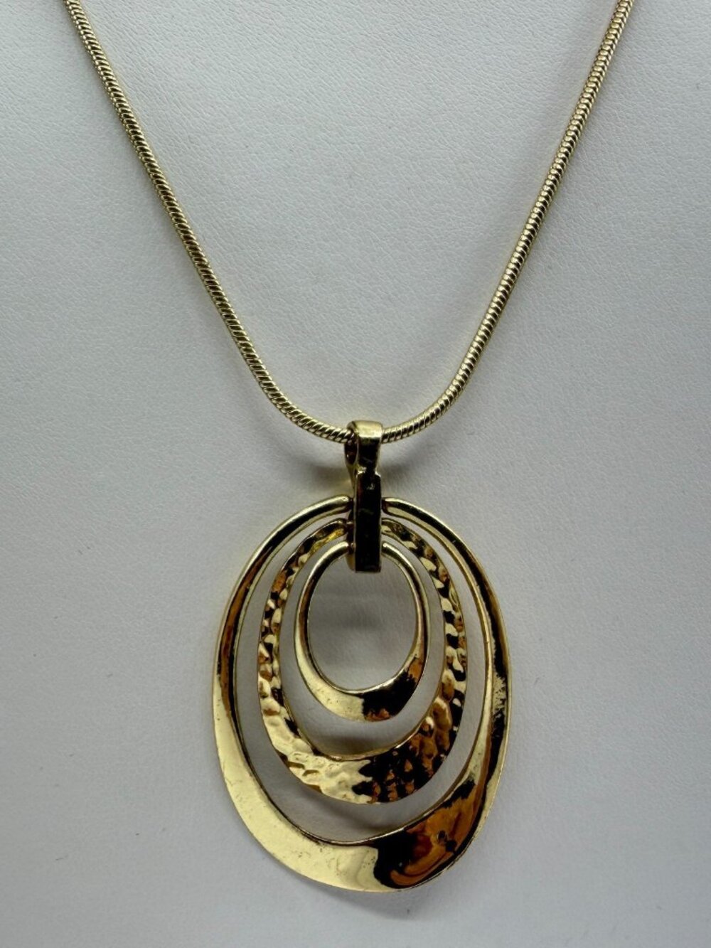 Gold Tone Hammered Oval Pendant Necklace - Modern Statement Jewelry